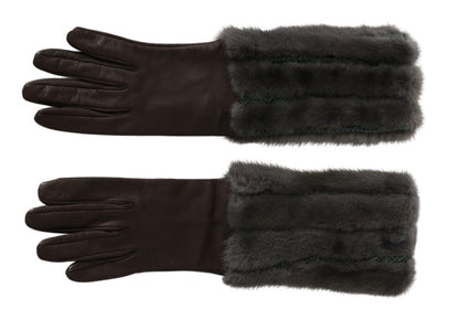 Gants en cuir et fourrure mi-longs marron Dolce & Gabbana