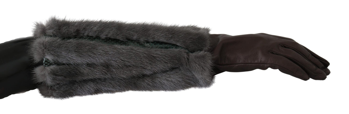 Gants en cuir et fourrure mi-longs marron Dolce & Gabbana