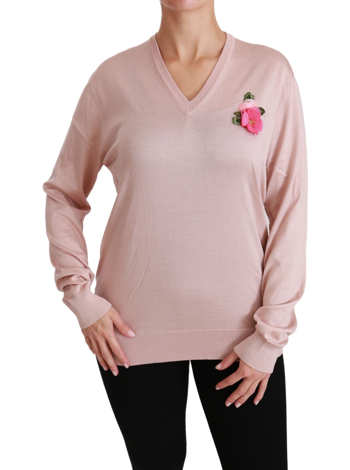 Pull en soie rose Dolce & Gabbana orné de fleurs