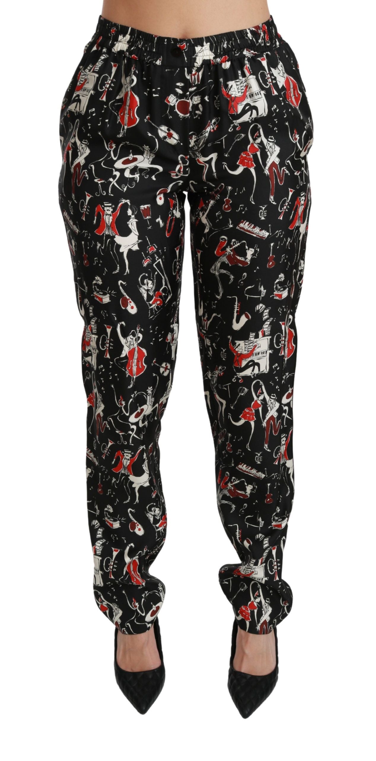 Pantalon taille mi-haute Dolce & Gabbana noir en soie avec motif instrument
