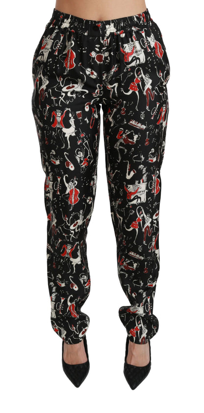 Pantalon taille mi-haute Dolce & Gabbana noir en soie avec motif instrument