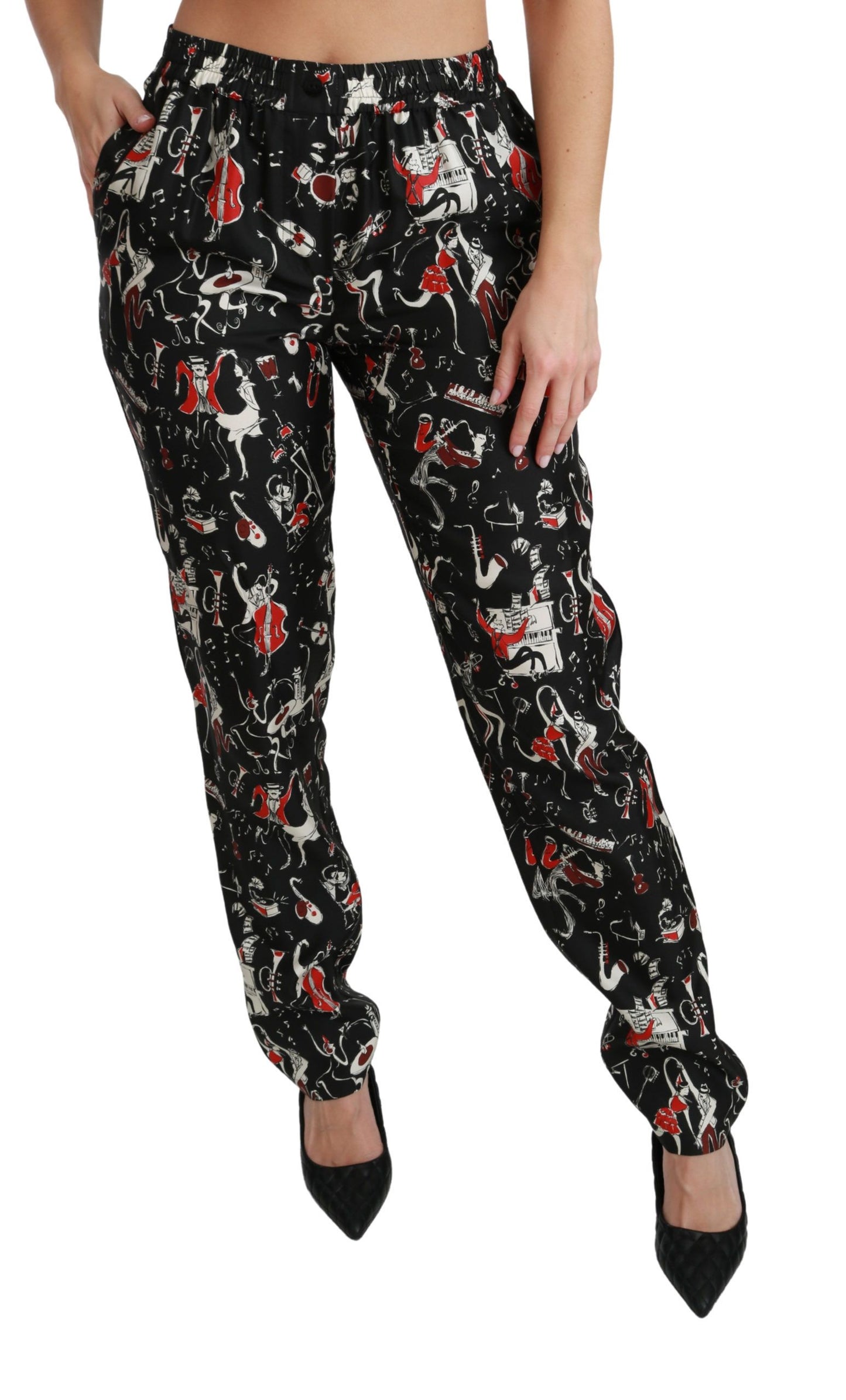 Pantalon taille mi-haute Dolce & Gabbana noir en soie avec motif instrument