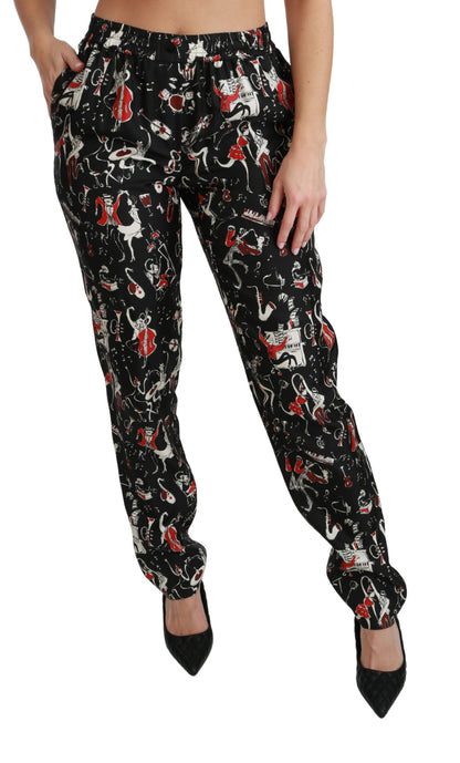 Pantalon taille mi-haute Dolce & Gabbana noir en soie avec motif instrument