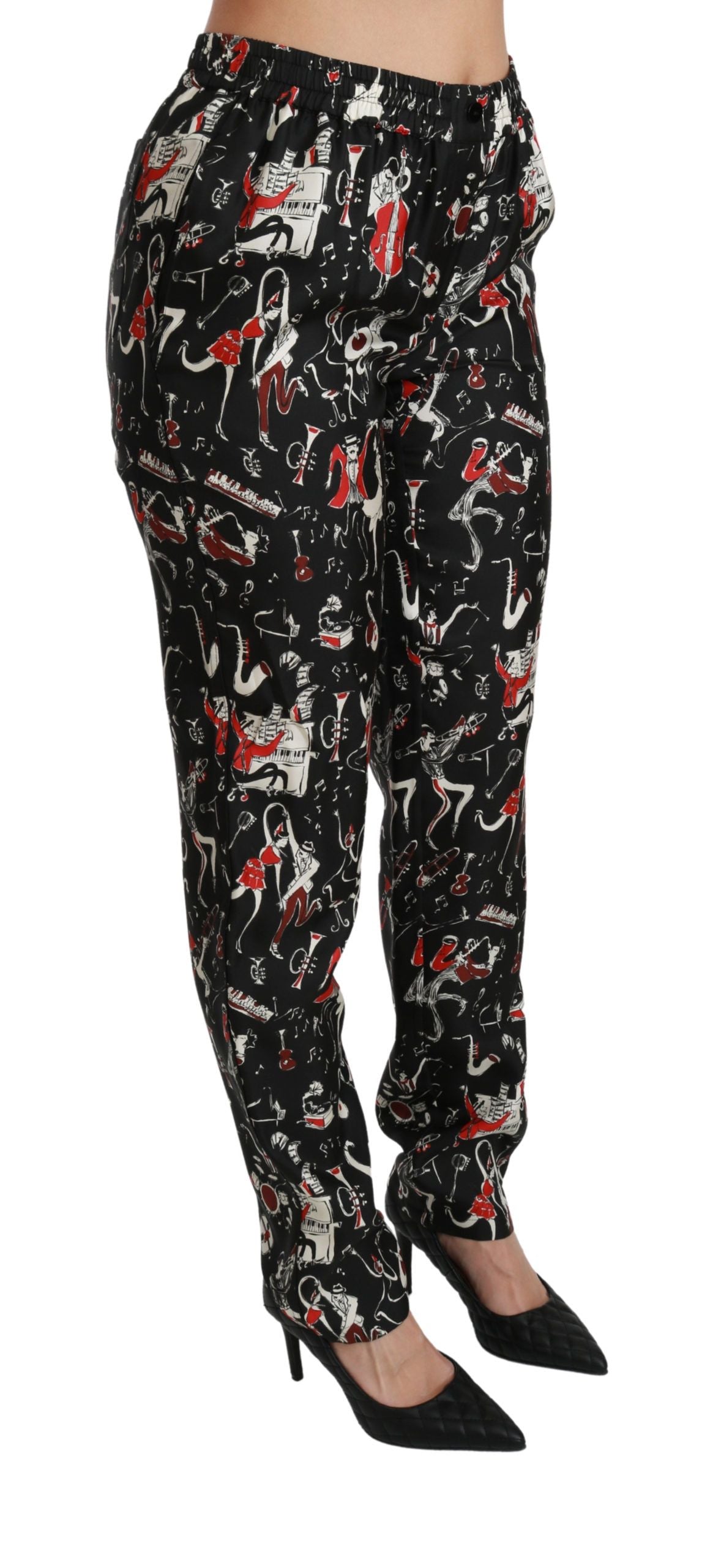 Pantalon taille mi-haute Dolce & Gabbana noir en soie avec motif instrument