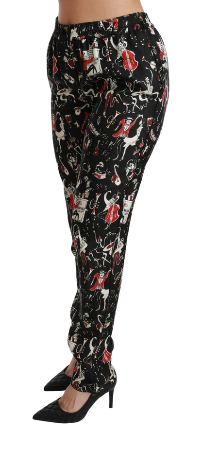 Pantalon taille mi-haute Dolce & Gabbana noir en soie avec motif instrument