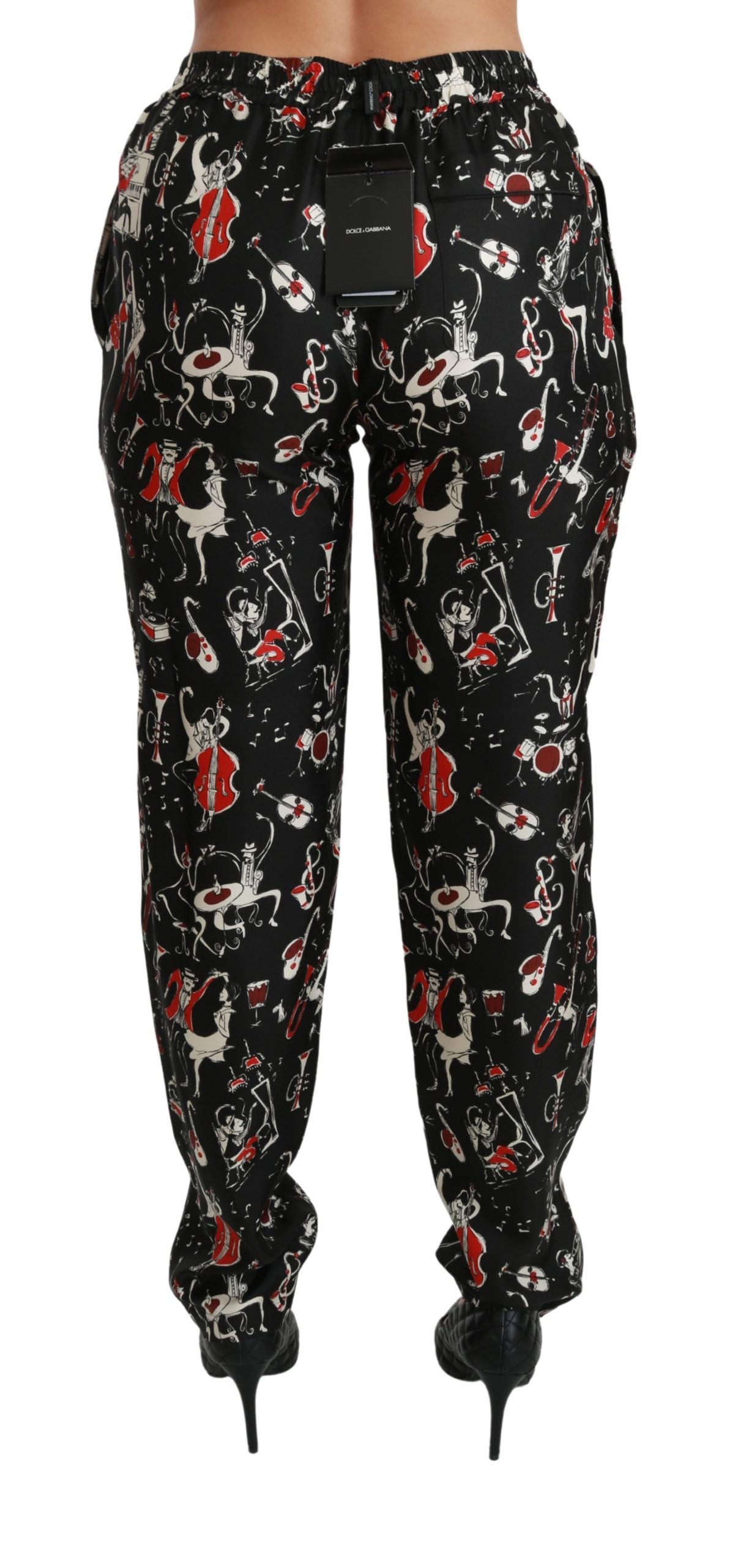Pantalon taille mi-haute Dolce & Gabbana noir en soie avec motif instrument