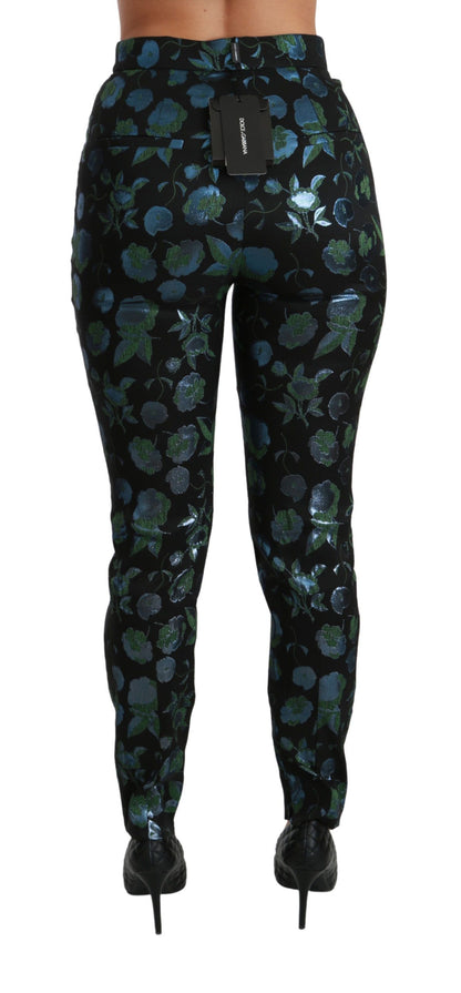 Pantalon Slim Métallisé Fleuri Bleu Vert Dolce & Gabbana