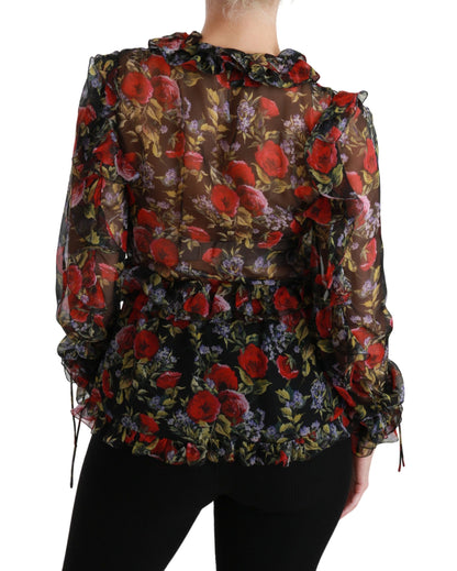 Chemisier en soie noir à imprimé roses fleuries Dolce & Gabbana