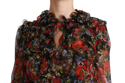 Chemisier en soie noir à imprimé roses fleuries Dolce & Gabbana