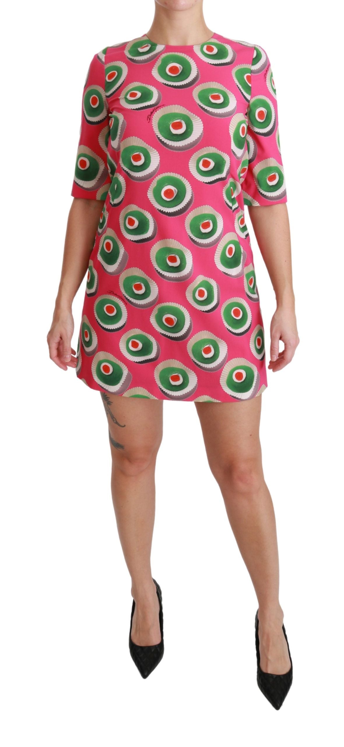 Robe droite Dolce & Gabbana en soie rose stretch motif cupcake