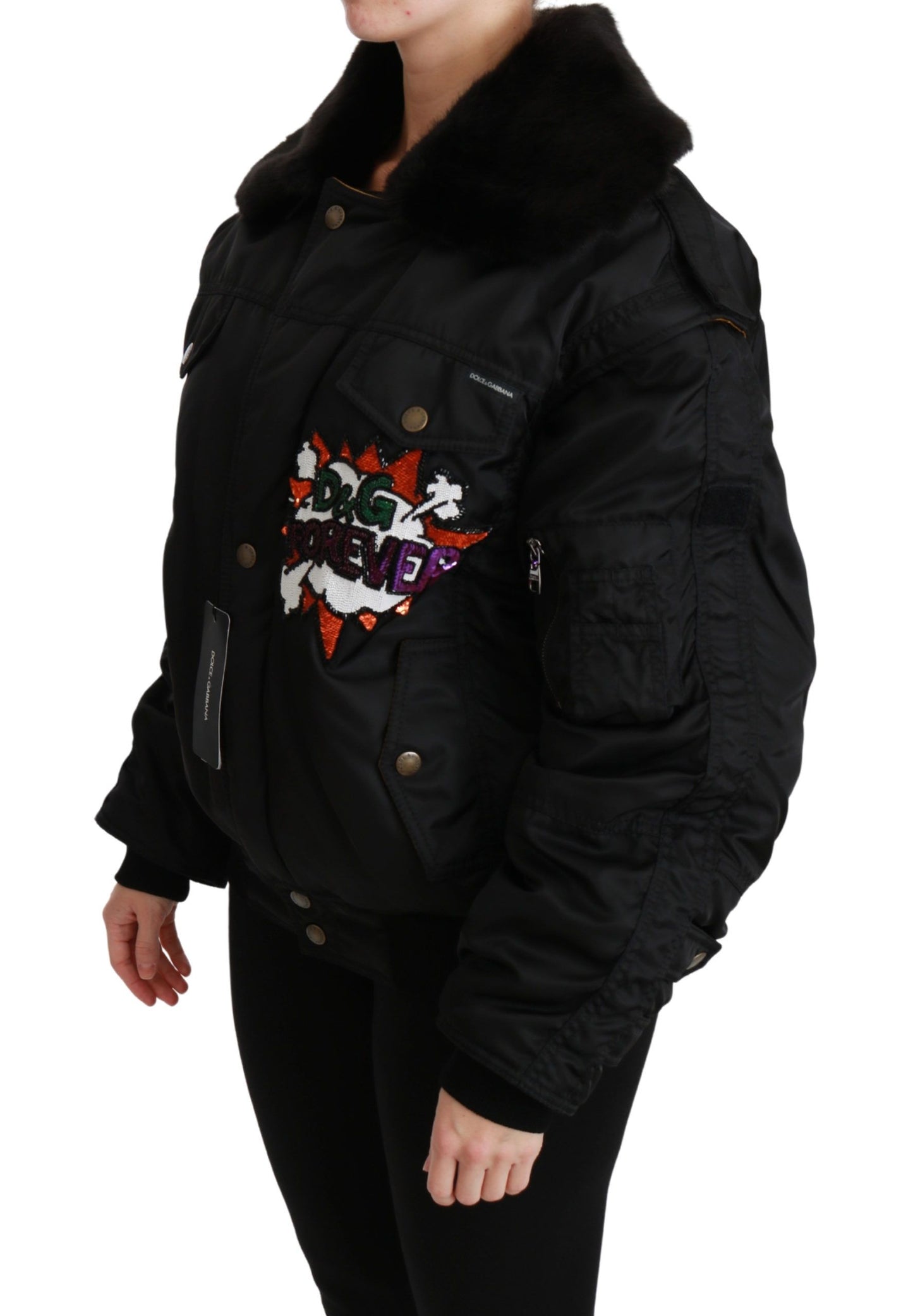 Blouson Aviateur à Paillettes Couronne Reine Noir Dolce & Gabbana