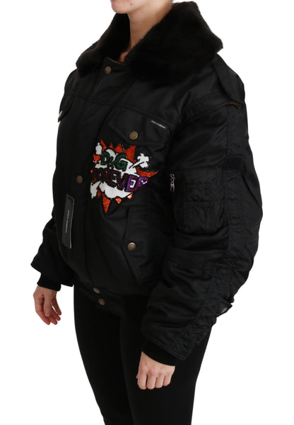 Blouson Aviateur à Paillettes Couronne Reine Noir Dolce & Gabbana