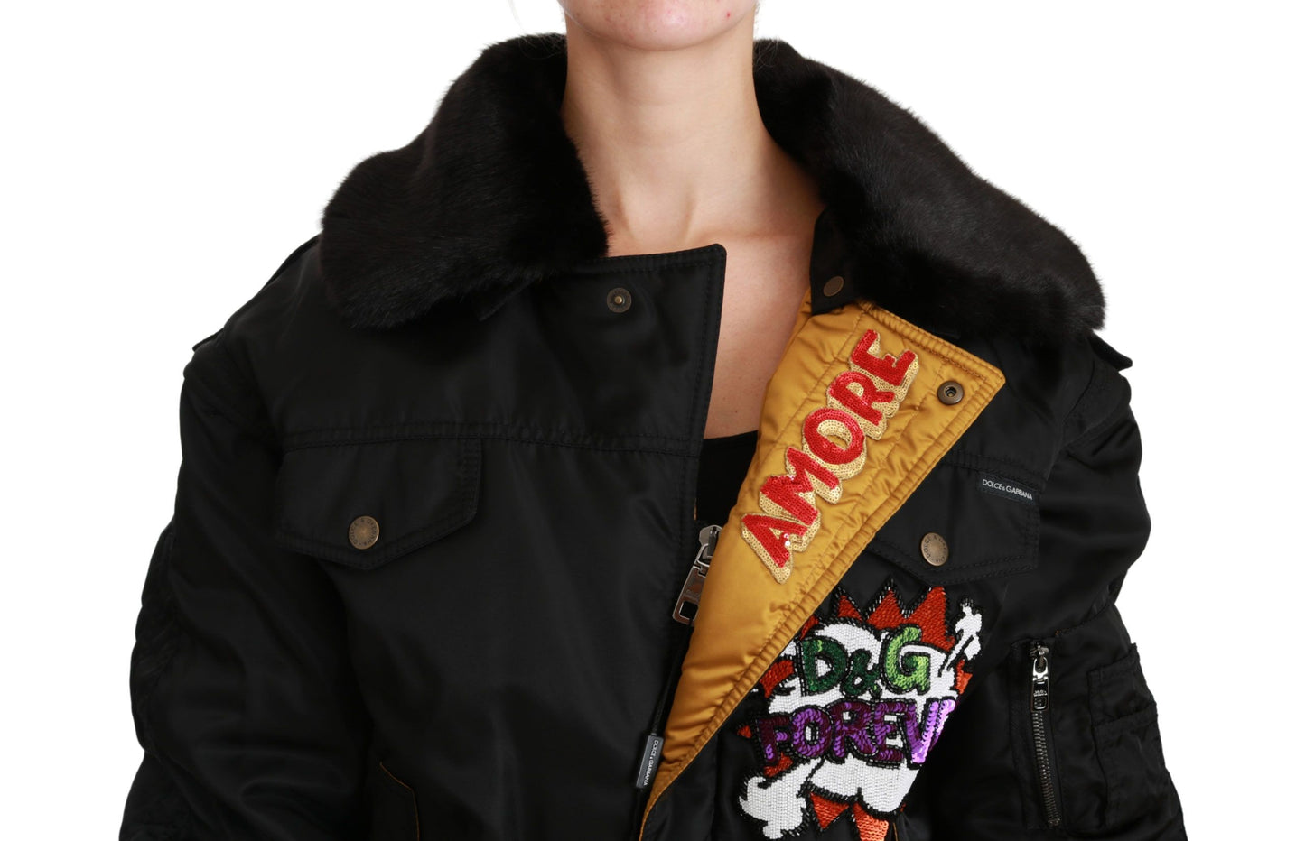 Blouson Aviateur à Paillettes Couronne Reine Noir Dolce & Gabbana