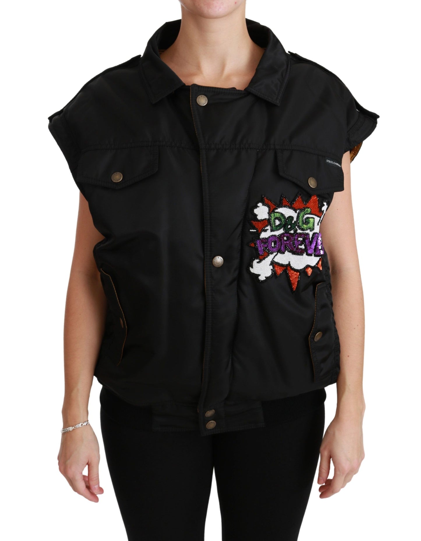 Blouson Aviateur à Paillettes Couronne Reine Noir Dolce & Gabbana