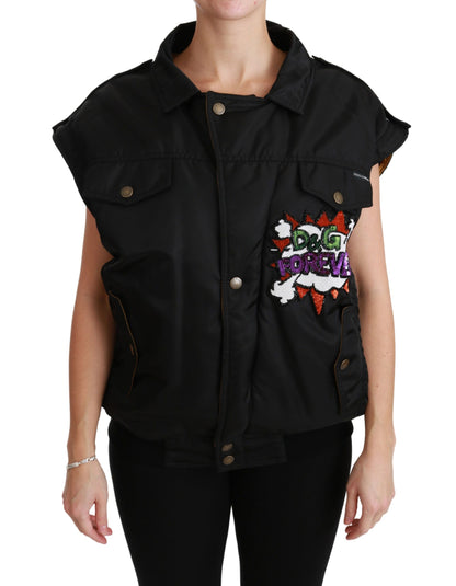 Blouson Aviateur à Paillettes Couronne Reine Noir Dolce & Gabbana
