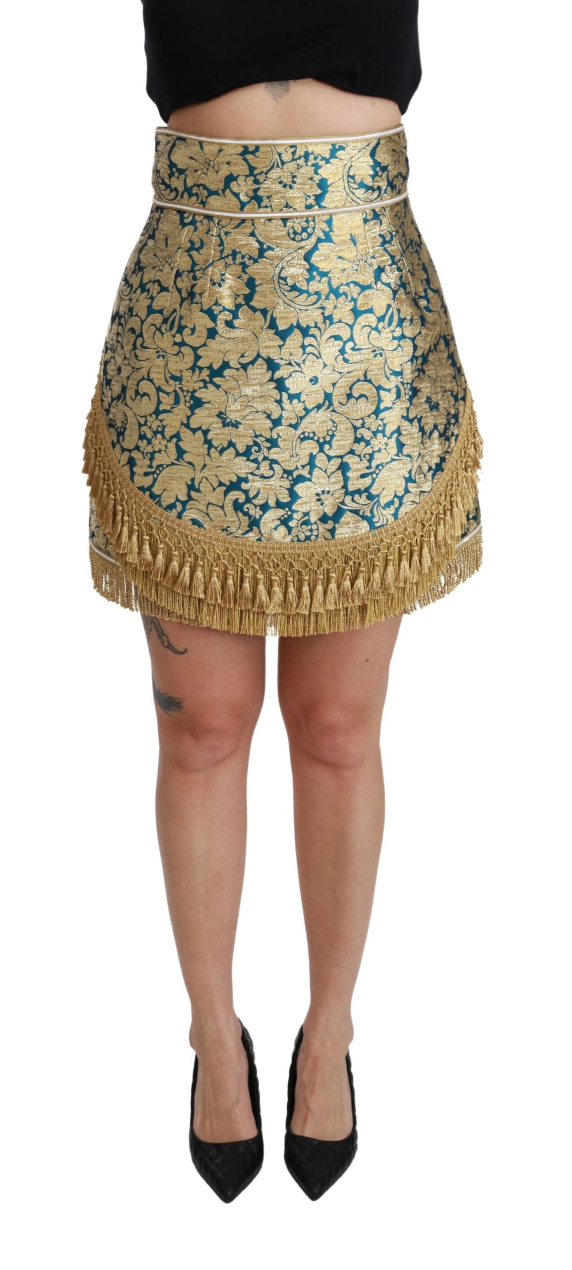 Jupe Dolce & Gabbana bleue taille haute à motif jacquard avec pampilles dorées
