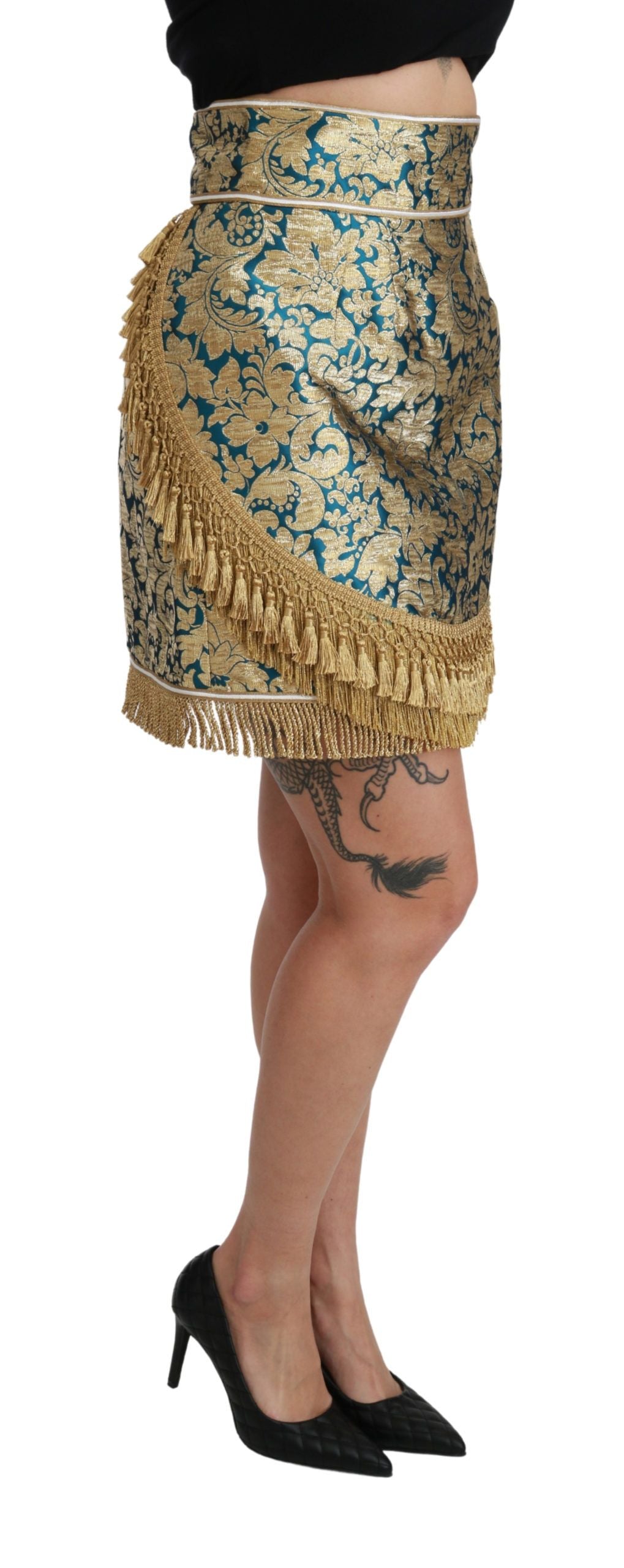 Jupe Dolce & Gabbana bleue taille haute à motif jacquard avec pampilles dorées