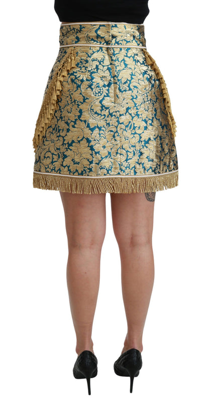 Jupe Dolce & Gabbana bleue taille haute à motif jacquard avec pampilles dorées