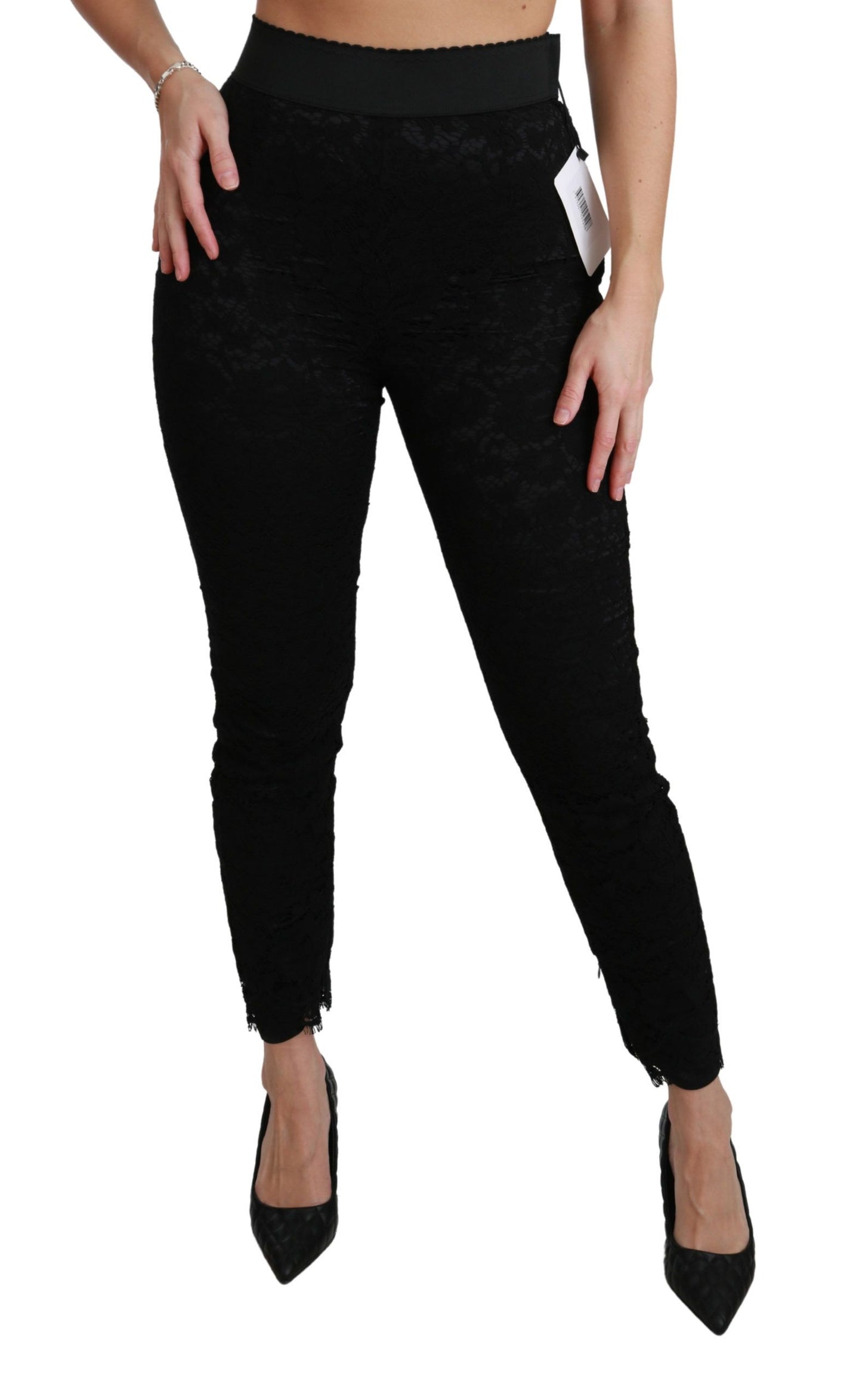 Pantalon slim noir taille haute en coton et dentelle Dolce & Gabbana