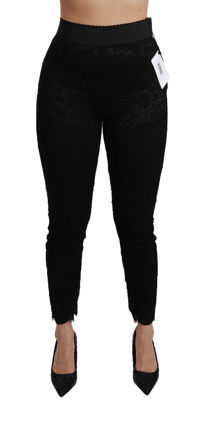 Pantalon slim noir taille haute en coton et dentelle Dolce & Gabbana