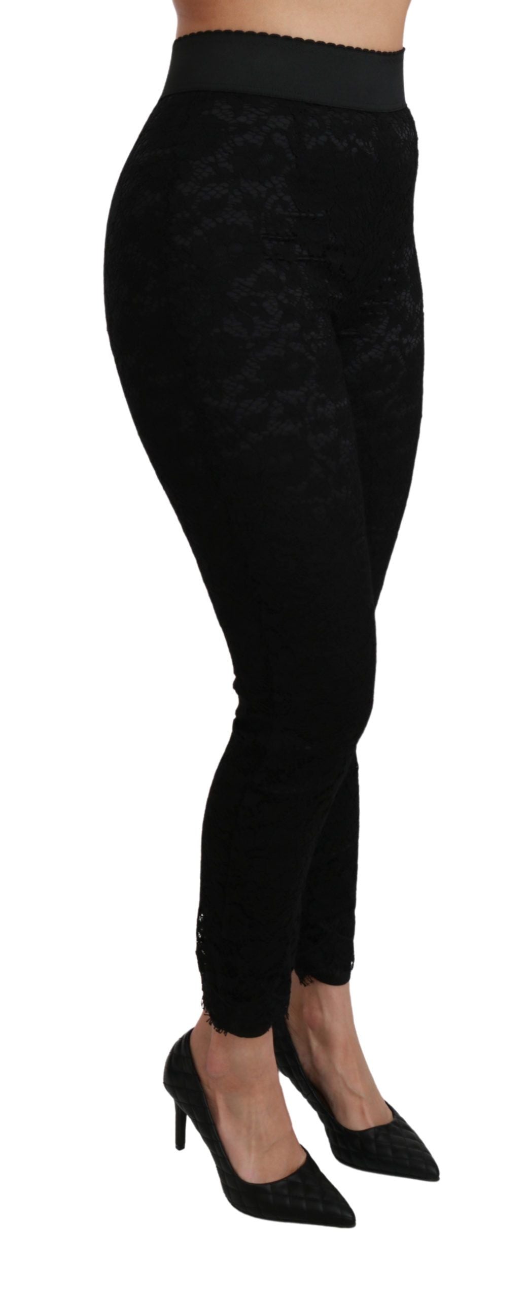 Pantalon slim noir taille haute en coton et dentelle Dolce & Gabbana