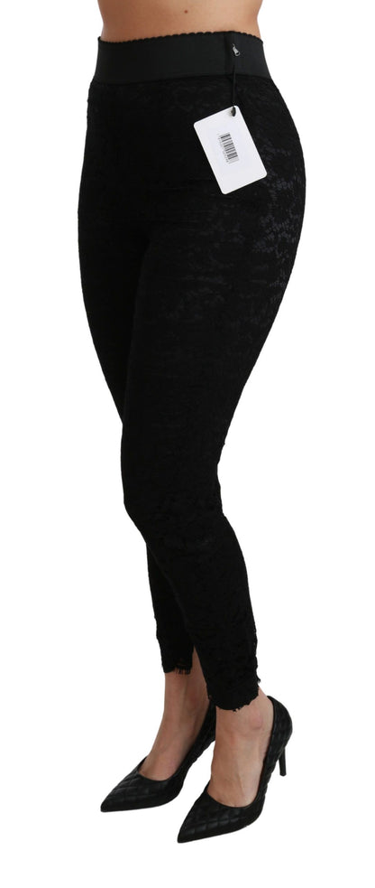 Pantalon slim noir taille haute en coton et dentelle Dolce & Gabbana