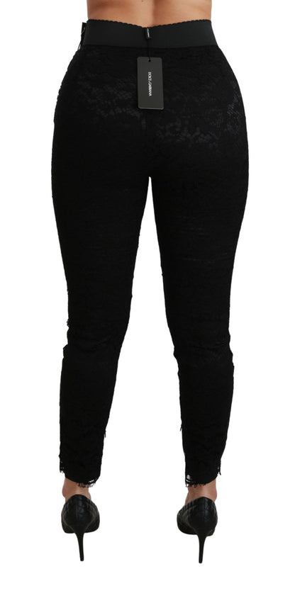 Pantalon slim noir taille haute en coton et dentelle Dolce & Gabbana