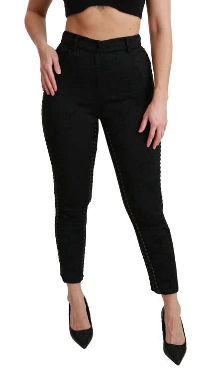Pantalon taille haute skinny en brocart noir Dolce & Gabbana
