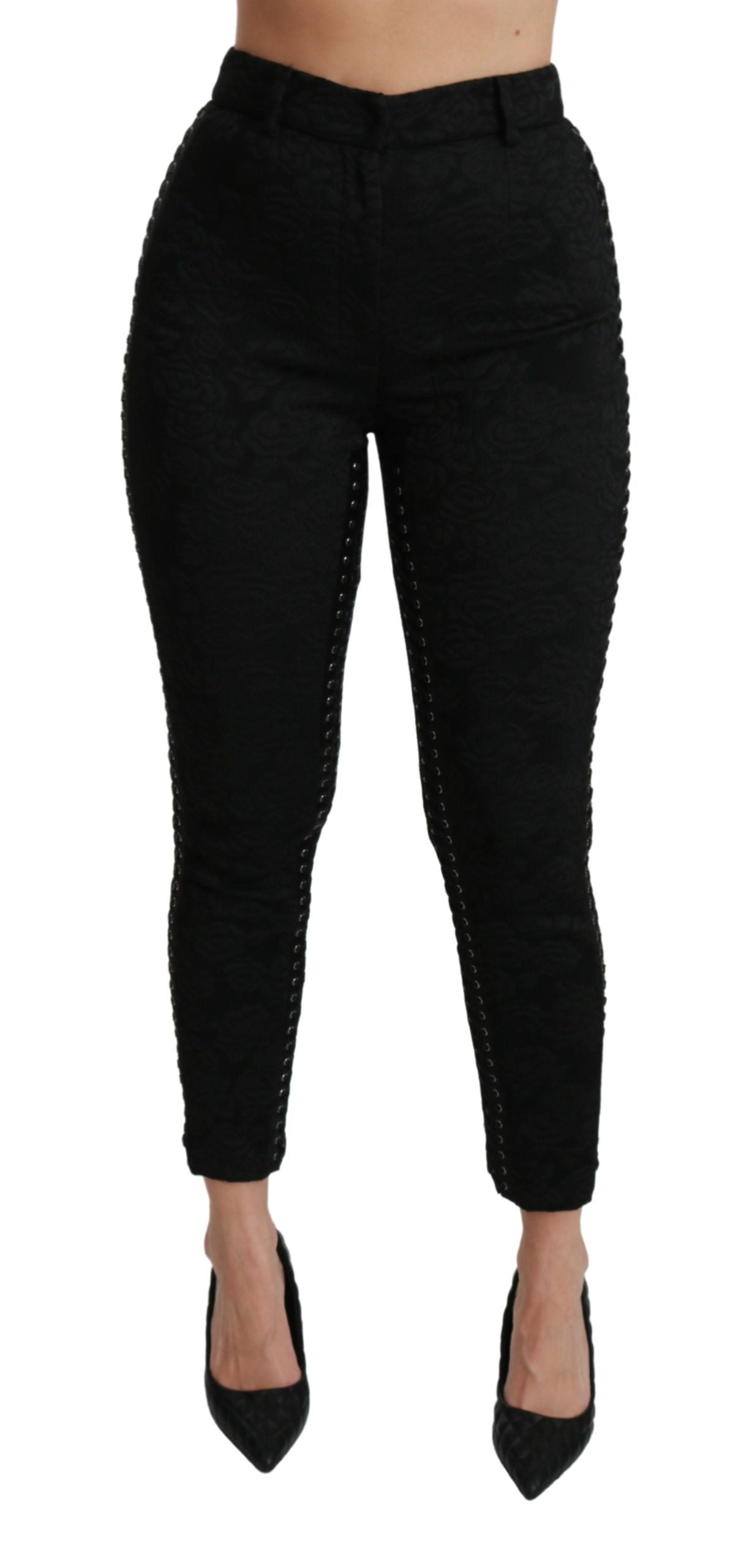 Pantalon taille haute skinny en brocart noir Dolce & Gabbana