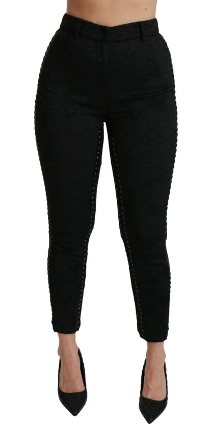 Pantalon taille haute skinny en brocart noir Dolce & Gabbana