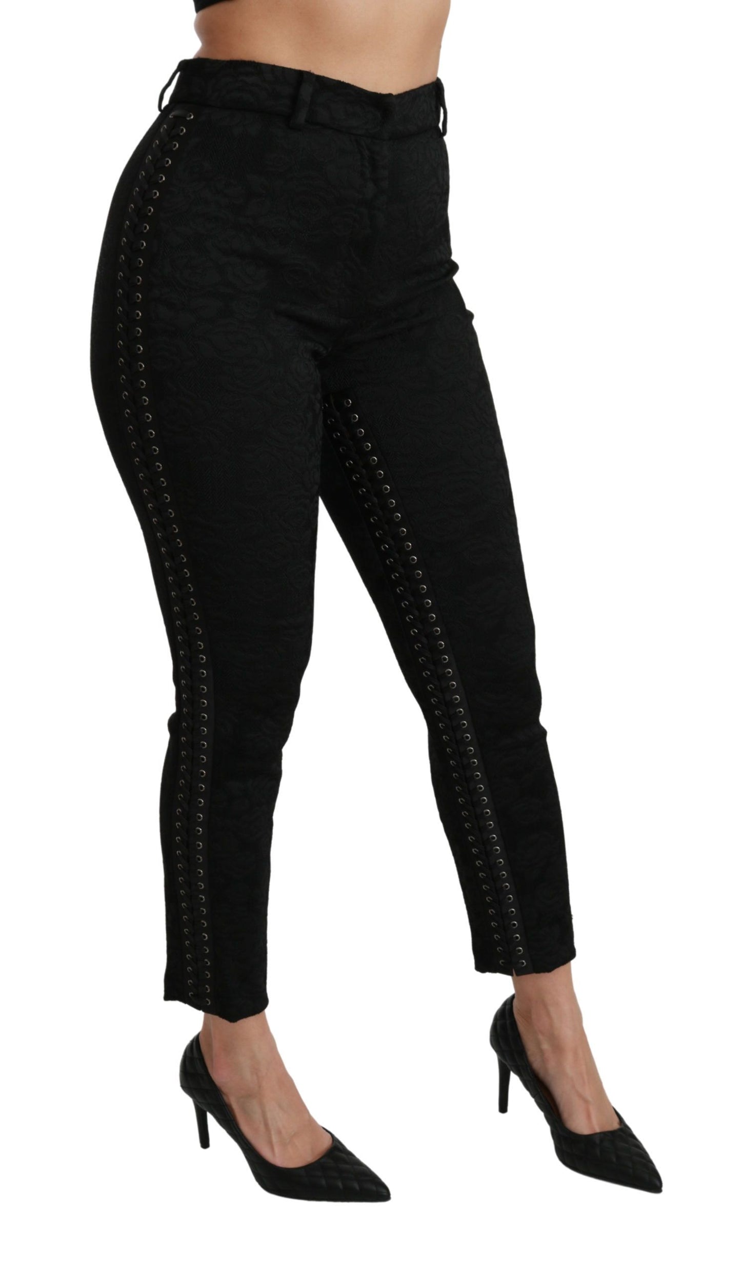Pantalon taille haute skinny en brocart noir Dolce & Gabbana