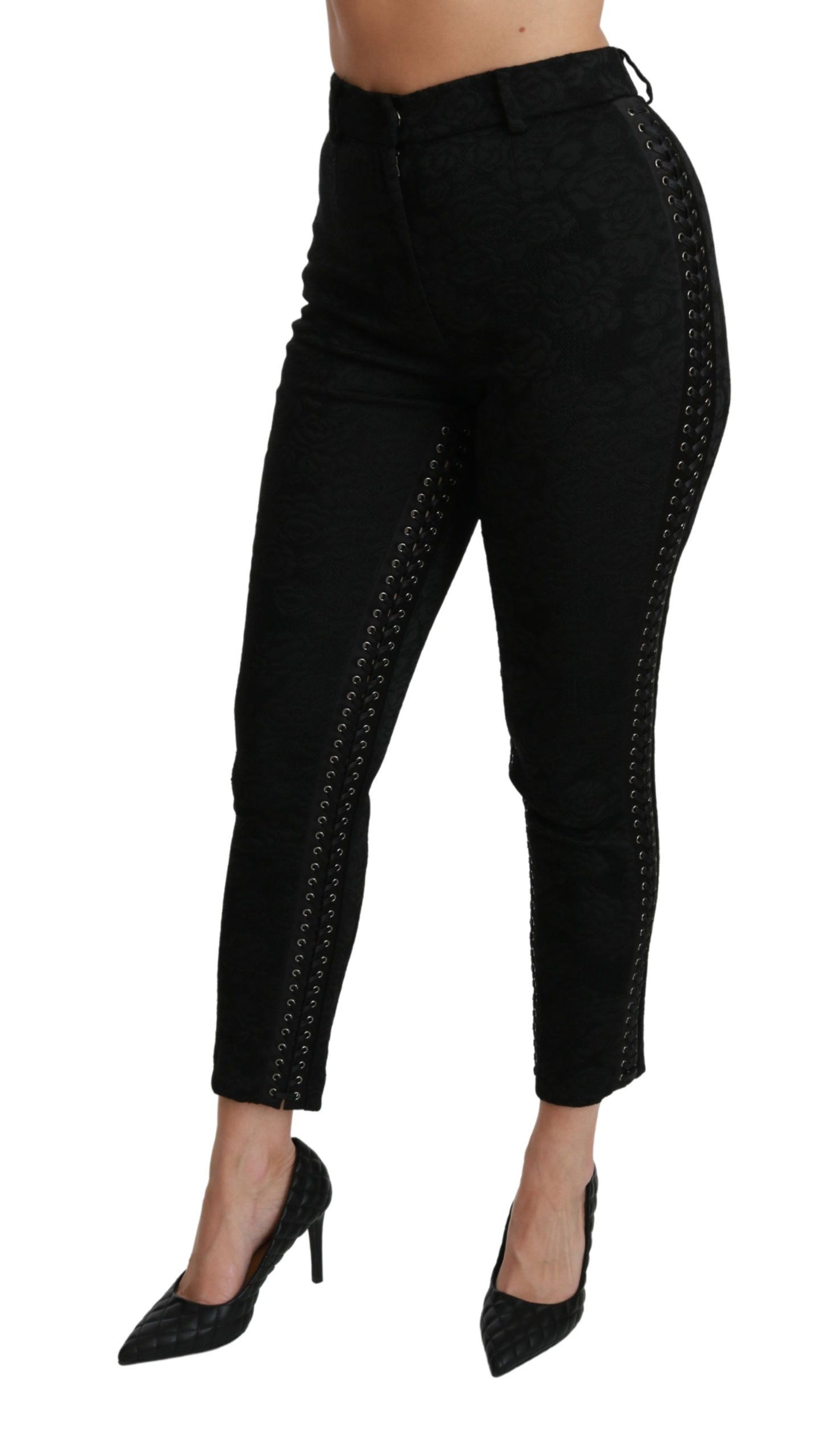 Pantalon taille haute skinny en brocart noir Dolce & Gabbana