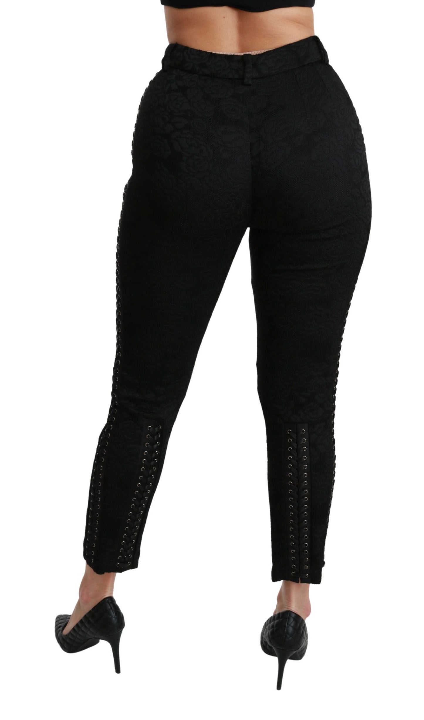 Pantalon taille haute skinny en brocart noir Dolce & Gabbana