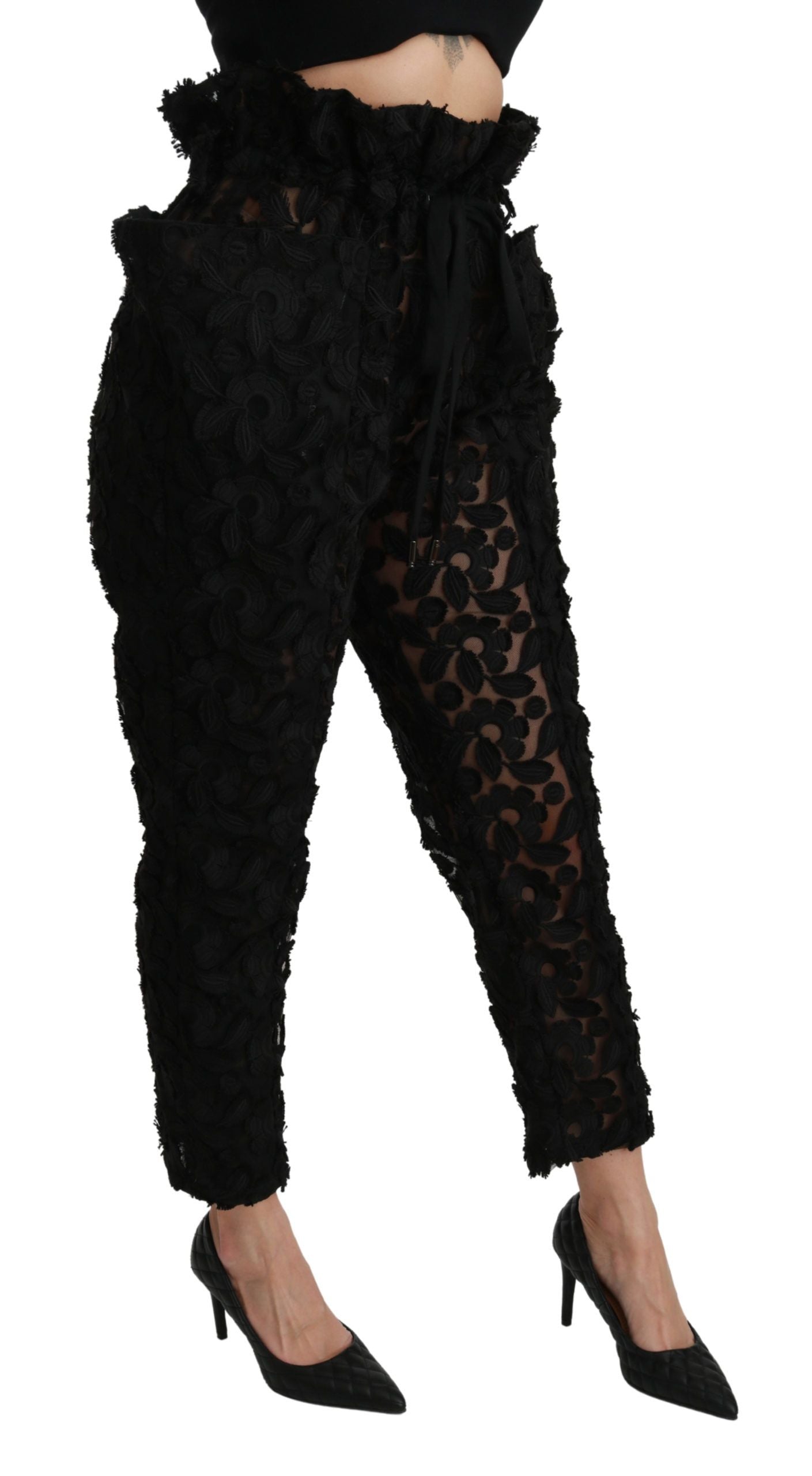 Pantalon fuselé taille haute en dentelle florale noire Dolce & Gabbana