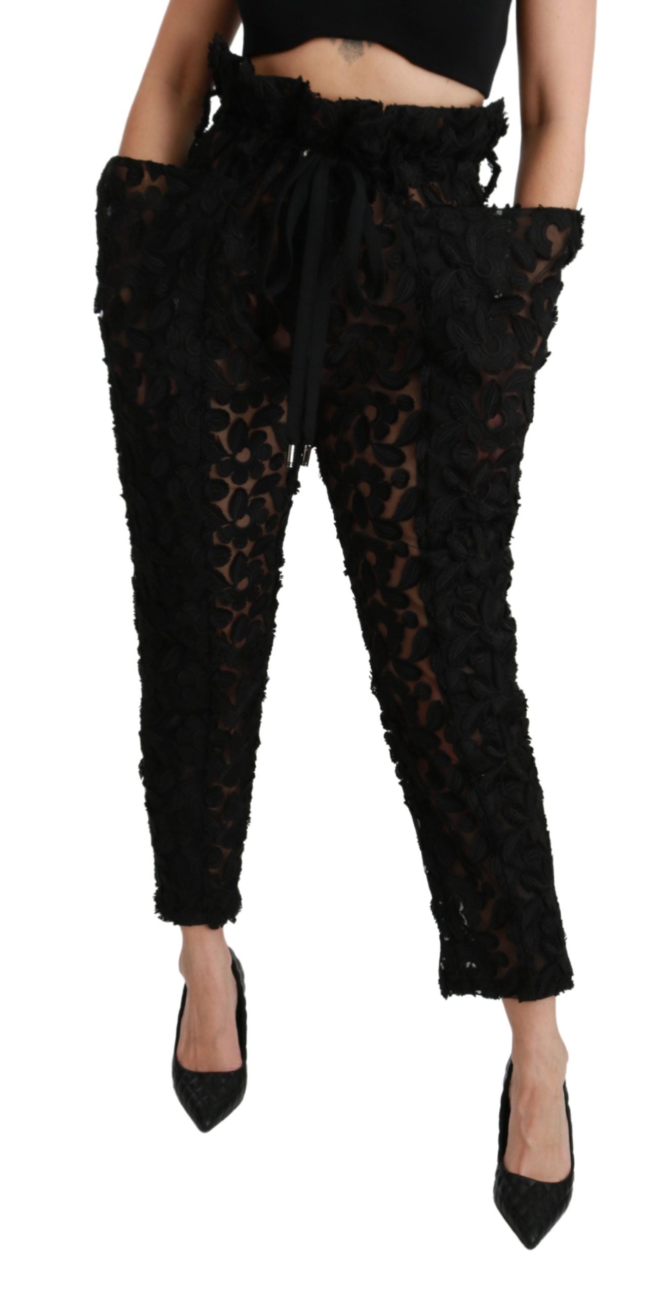 Pantalon fuselé taille haute en dentelle florale noire Dolce & Gabbana