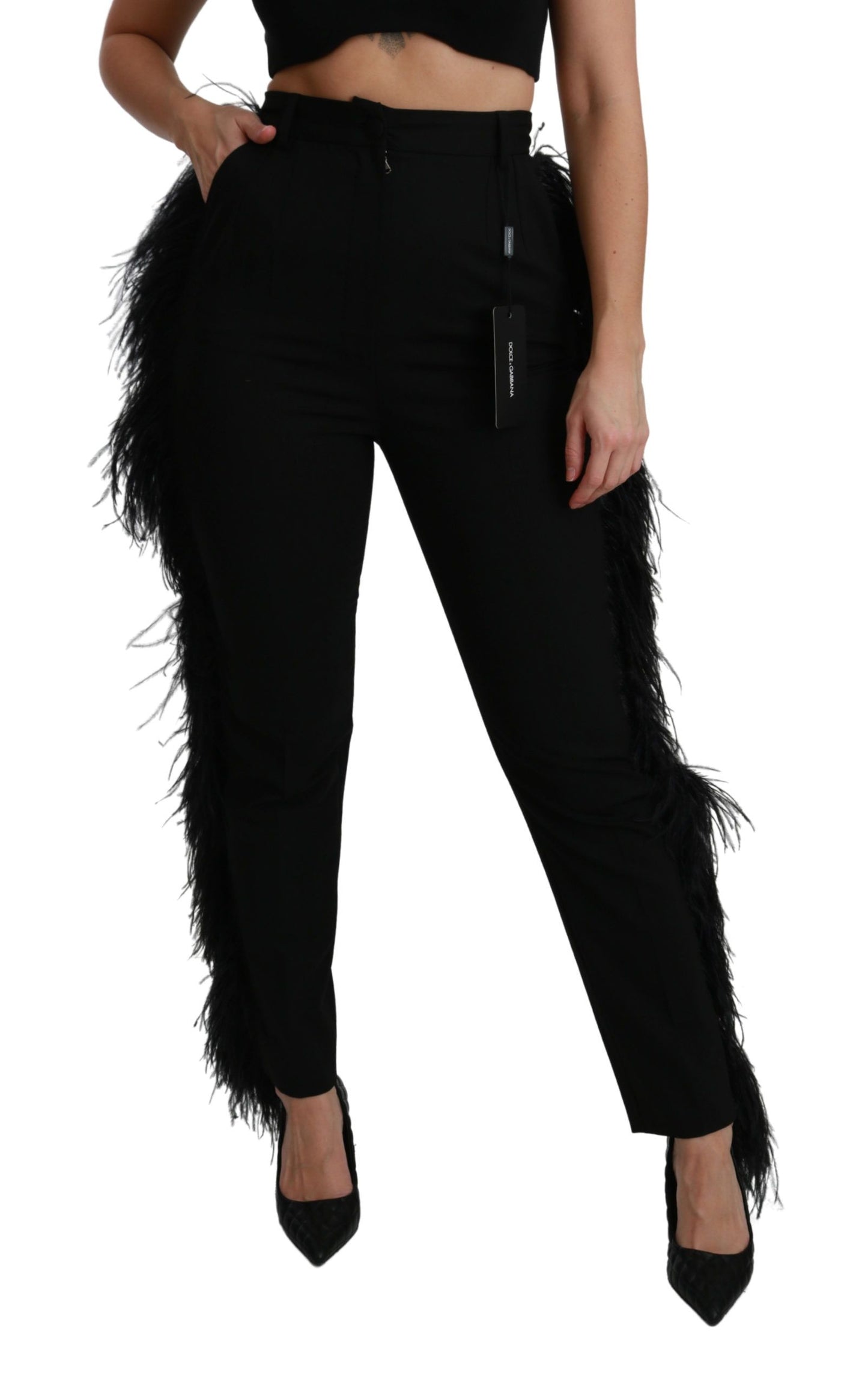Pantalon en laine noir taille haute Dolce & Gabbana avec plumes droites