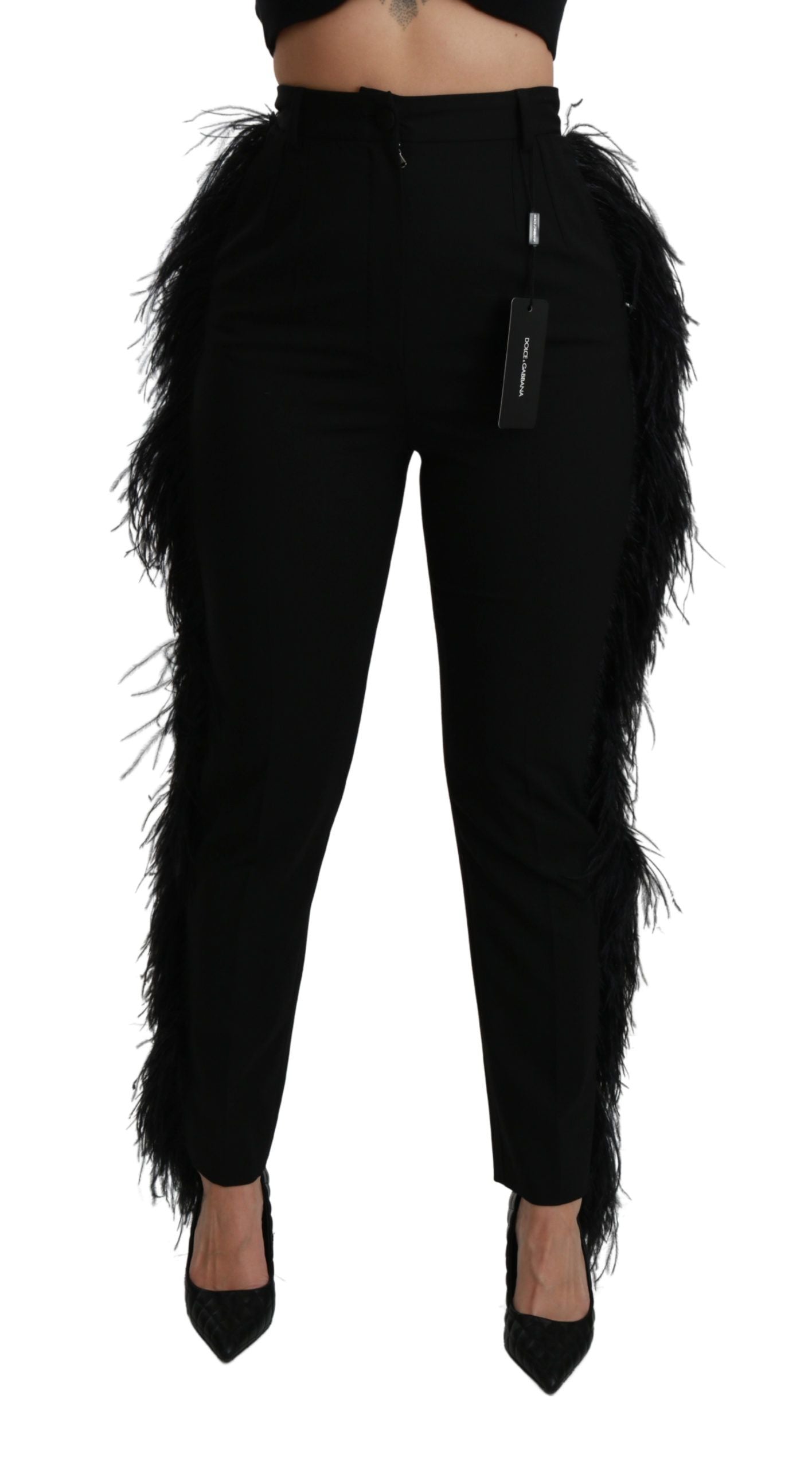 Pantalon en laine noir taille haute Dolce & Gabbana avec plumes droites