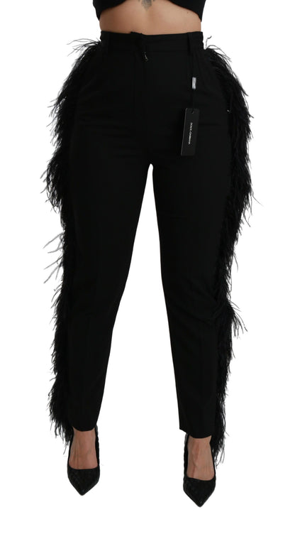 Pantalon en laine noir taille haute Dolce & Gabbana avec plumes droites