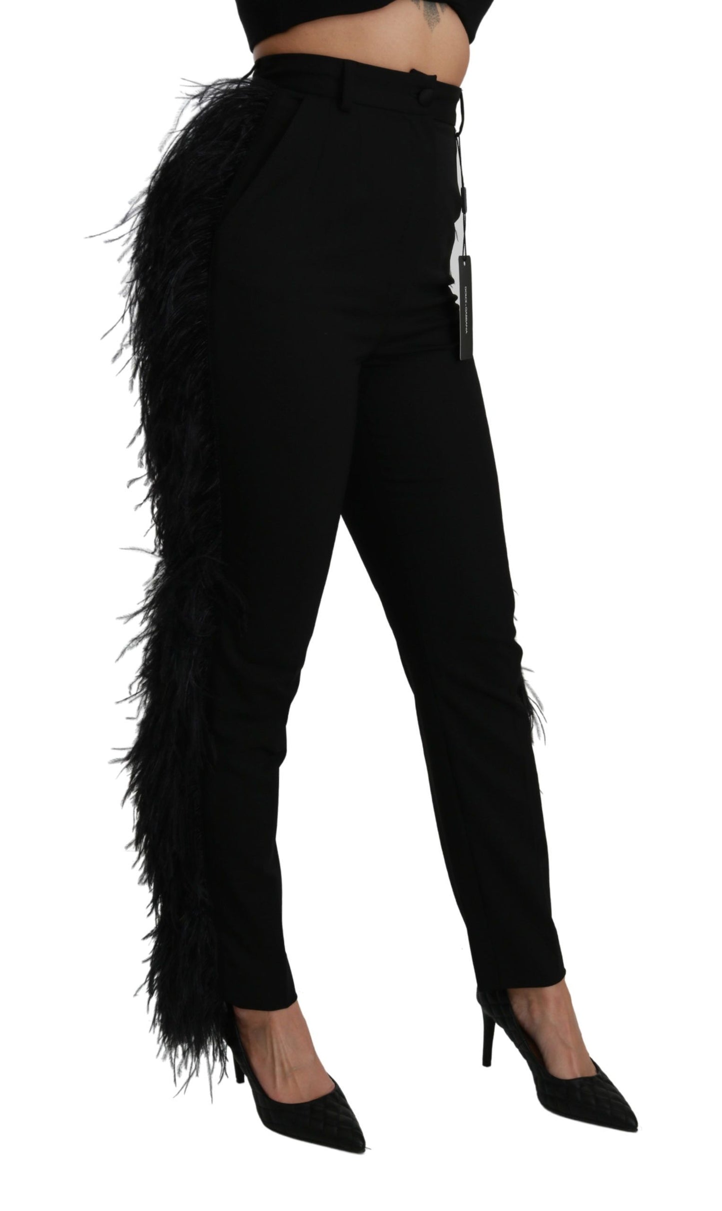 Pantalon en laine noir taille haute Dolce & Gabbana avec plumes droites