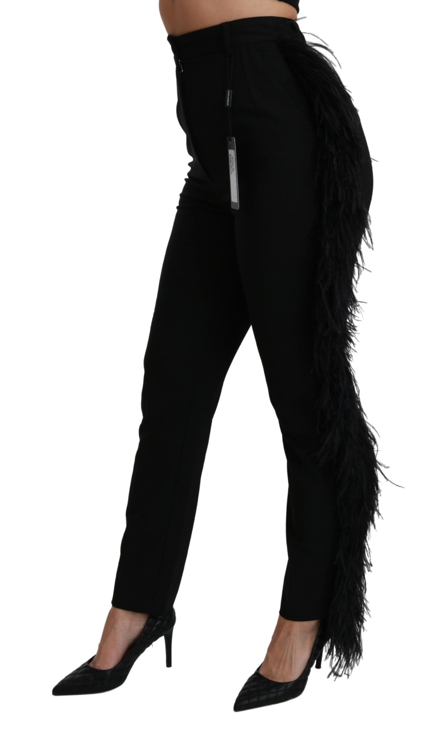 Pantalon en laine noir taille haute Dolce & Gabbana avec plumes droites
