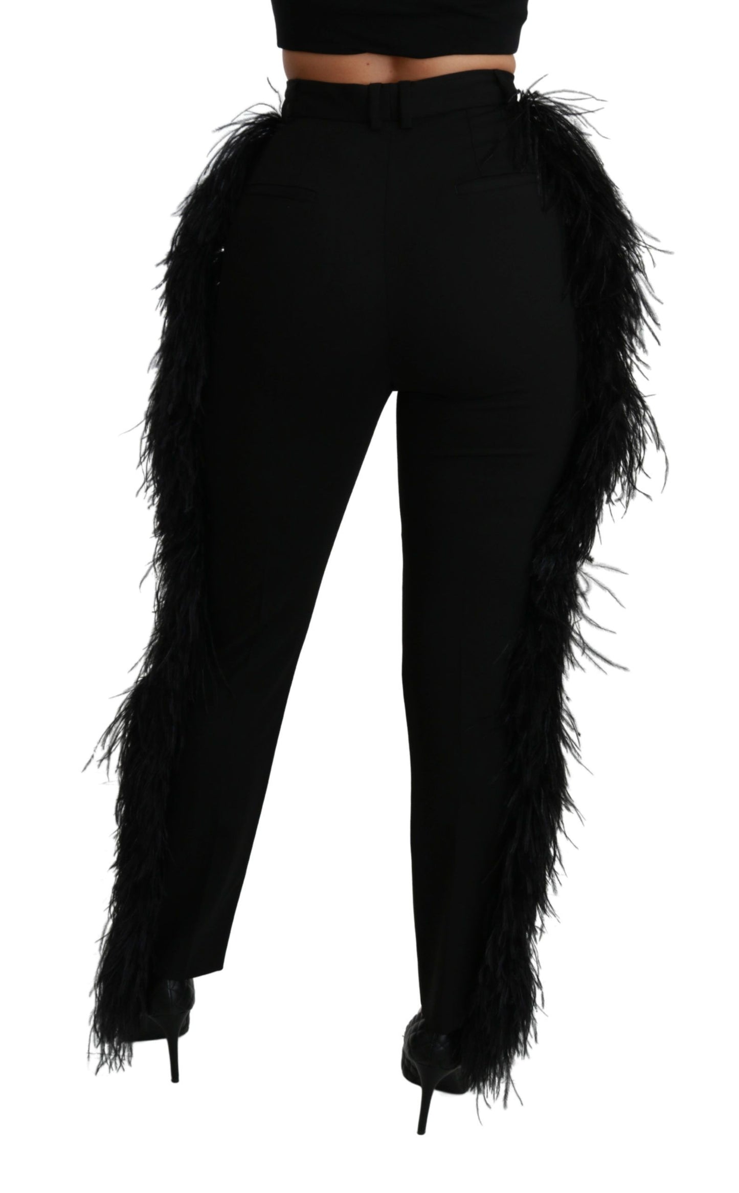 Pantalon en laine noir taille haute Dolce & Gabbana avec plumes droites