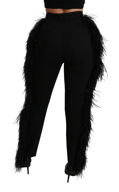 Pantalon en laine noir taille haute Dolce & Gabbana avec plumes droites