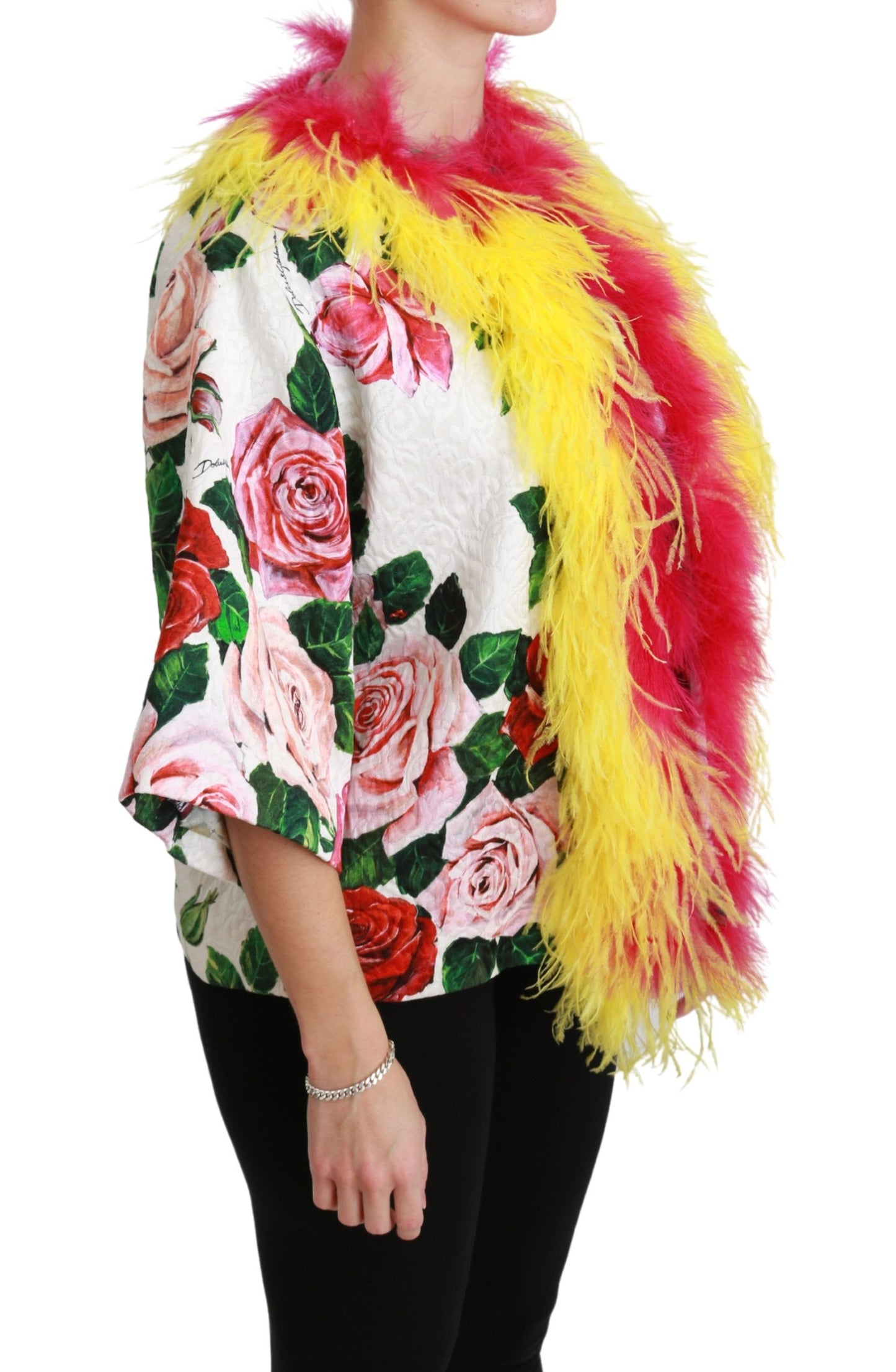 Dolce & Gabbana Manteau Floral Blanc Veste Capte Fourrure Roses