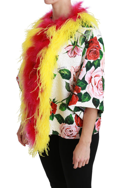 Dolce & Gabbana Manteau Floral Blanc Veste Capte Fourrure Roses