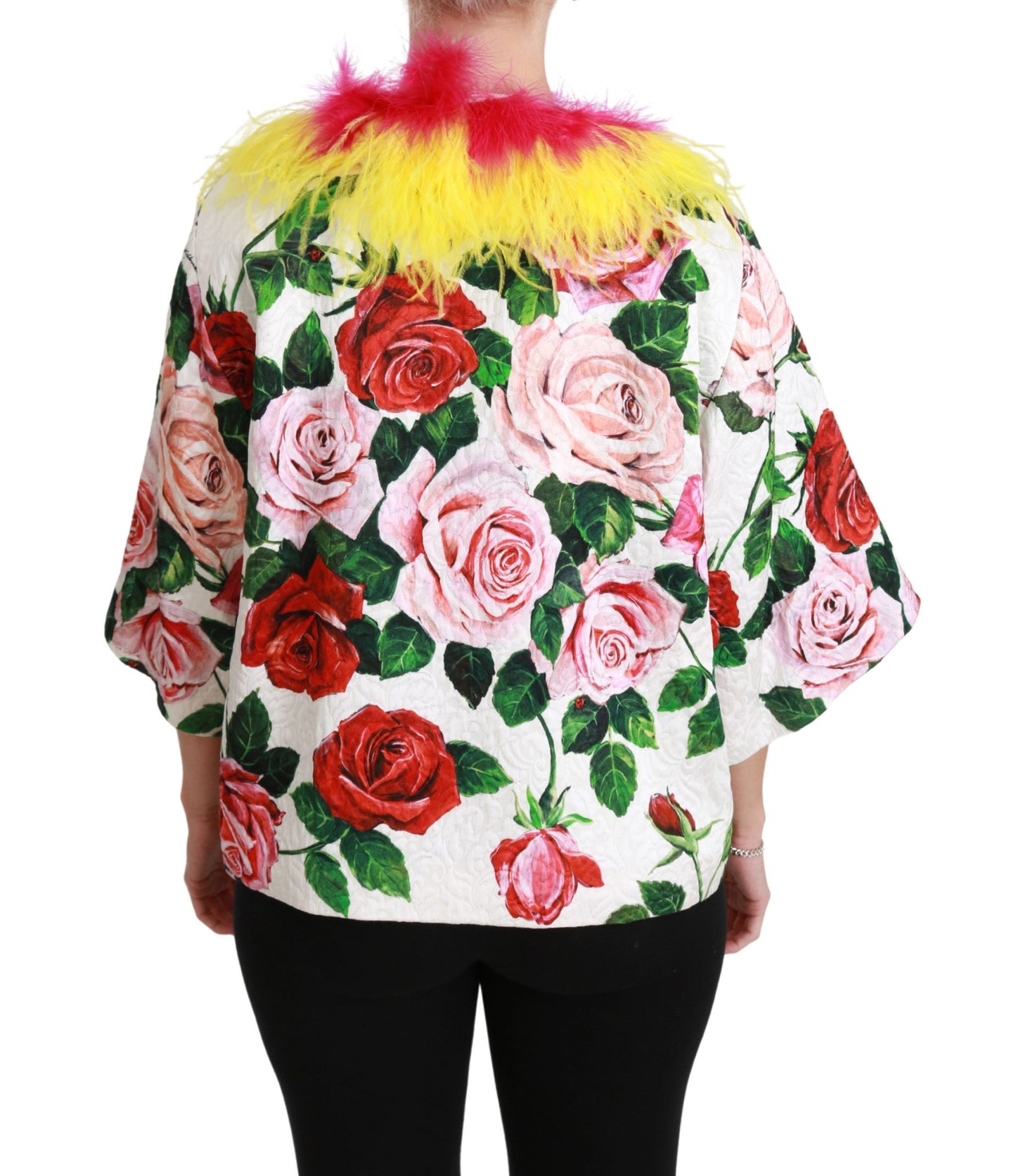 Dolce & Gabbana Manteau Floral Blanc Veste Capte Fourrure Roses