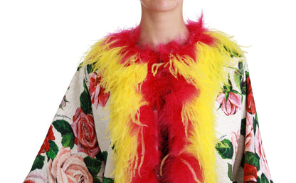 Dolce & Gabbana Manteau Floral Blanc Veste Capte Fourrure Roses