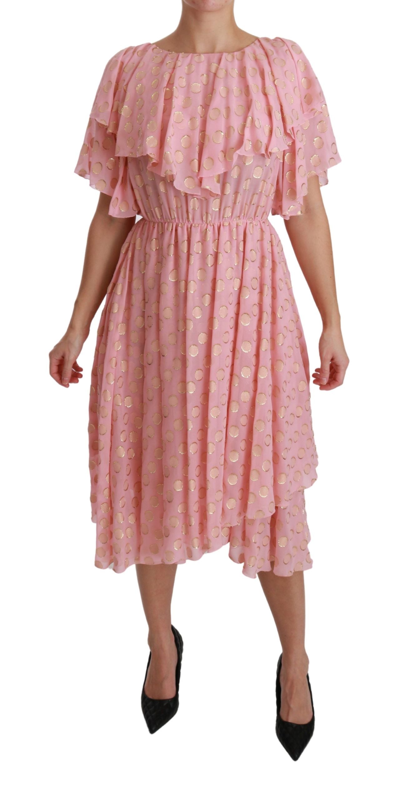 Robe Midi Plissée Évasée en Soie Rose à Pois Dolce & Gabbana
