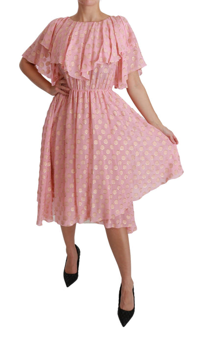 Robe Midi Plissée Évasée en Soie Rose à Pois Dolce & Gabbana