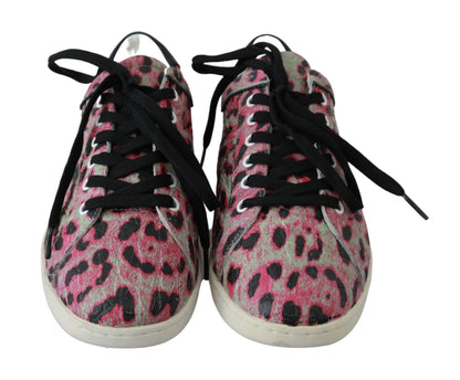 Zapatillas planas de entrenamiento de piel con estampado de leopardo rosa Dolce & Gabbana