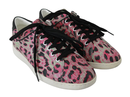 Zapatillas planas de entrenamiento de piel con estampado de leopardo rosa Dolce & Gabbana